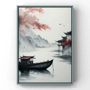 Classic Chinese Ink Art landscape boat and cottage Art Print